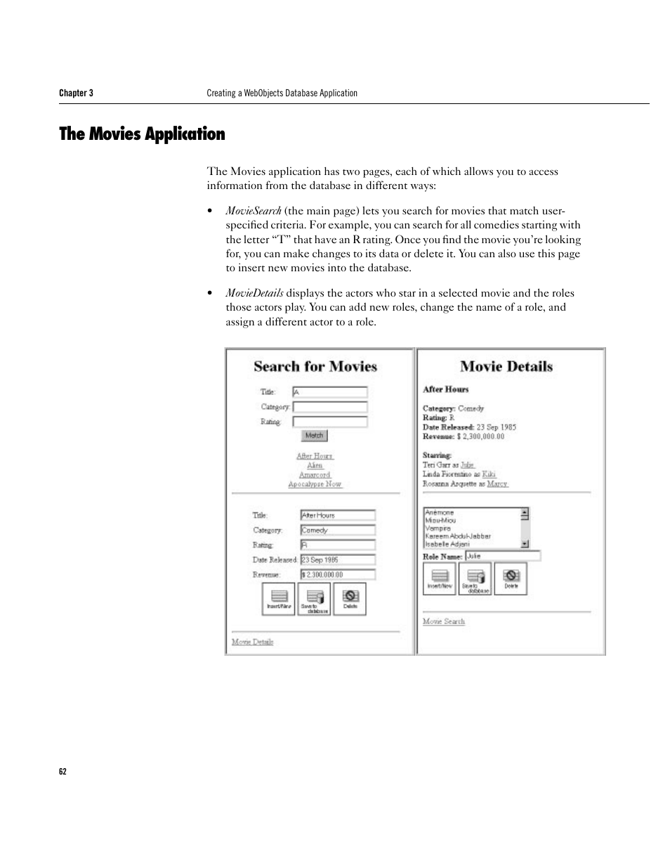 The movies application, The movies application 62 | Apple WebObjects 3.5 User Manual | Page 62 / 120
