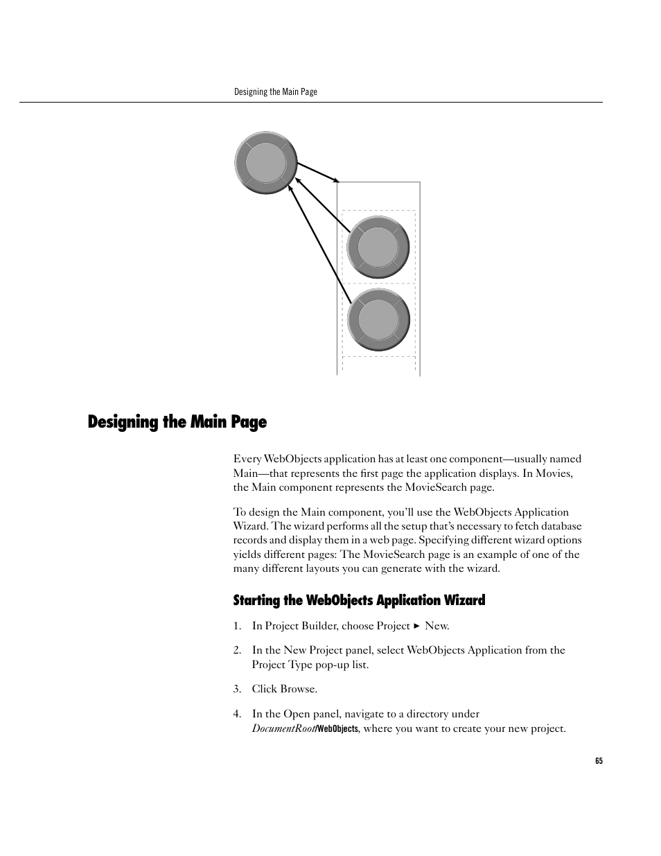 Starting the webobjects application wizard, Starting the webobjects application wizard 65, Designing the main page | Apple WebObjects 3.5 User Manual | Page 65 / 120