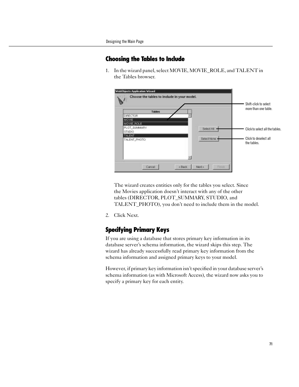 Choosing the tables to include, Specifying primary keys, Choosing the tables to include 71 | Specifying primary keys 71 | Apple WebObjects 3.5 User Manual | Page 71 / 120