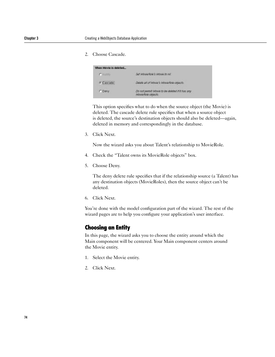 Choosing an entity, Choosing an entity 74 | Apple WebObjects 3.5 User Manual | Page 74 / 120