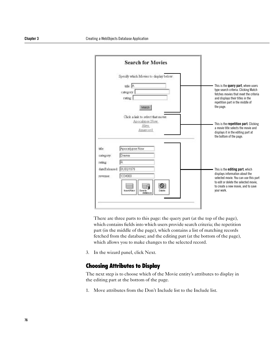 Choosing attributes to display, Choosing attributes to display 76 | Apple WebObjects 3.5 User Manual | Page 76 / 120