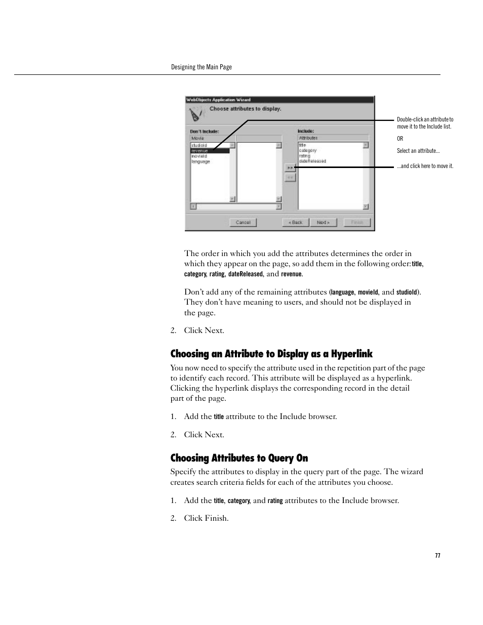 Choosing an attribute to display as a hyperlink, Choosing attributes to query on, Choosing an attribute to display as a hyperlink 77 | Choosing attributes to query on 77 | Apple WebObjects 3.5 User Manual | Page 77 / 120
