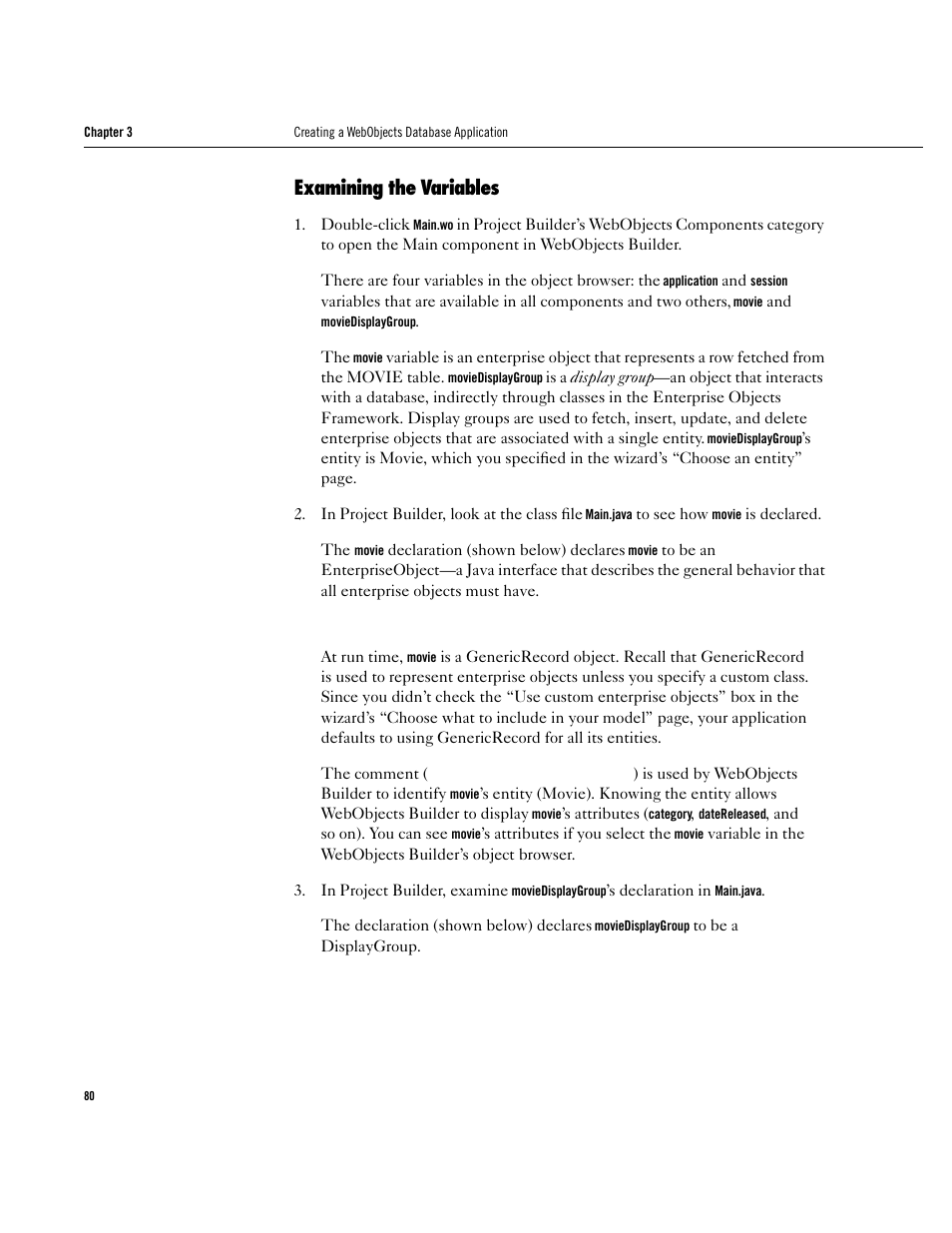 Examining the variables, Examining the variables 80 | Apple WebObjects 3.5 User Manual | Page 80 / 120