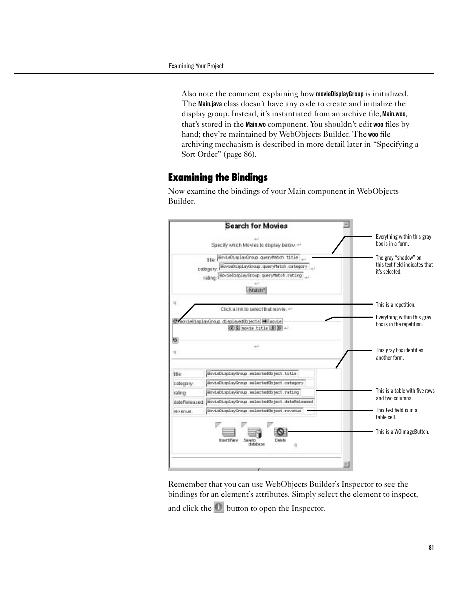 Examining the bindings, Examining the bindings 81 | Apple WebObjects 3.5 User Manual | Page 81 / 120