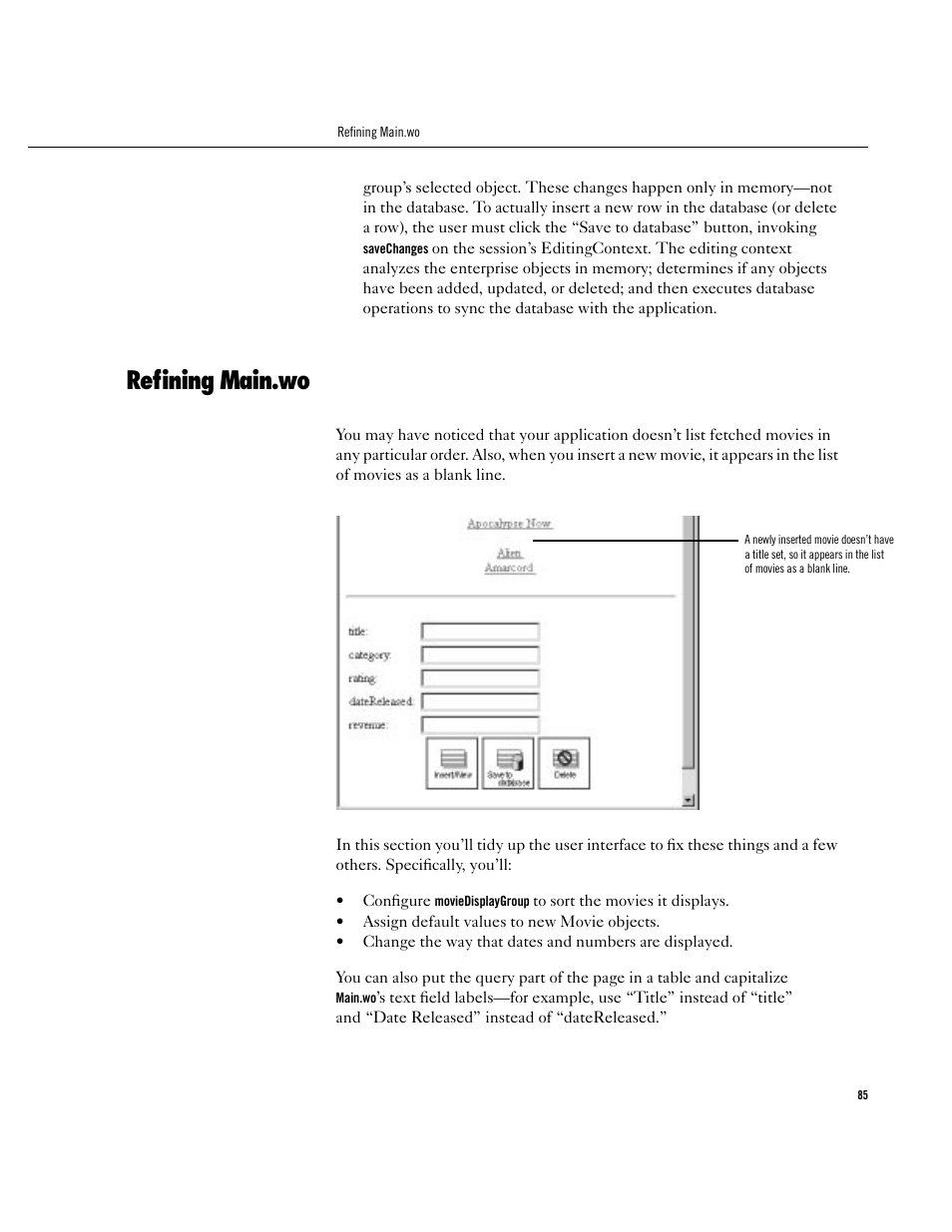Refining main.wo, Refining main.wo 85 | Apple WebObjects 3.5 User Manual | Page 85 / 120