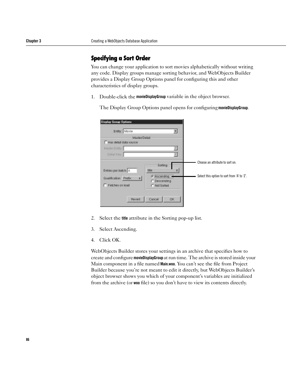 Specifying a sort order, Specifying a sort order 86 | Apple WebObjects 3.5 User Manual | Page 86 / 120