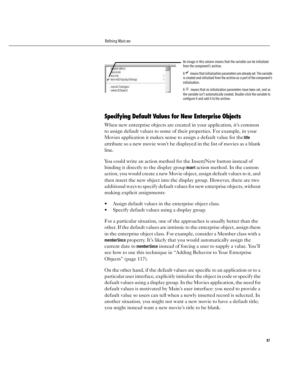 Specifying default values for new enterprise objec | Apple WebObjects 3.5 User Manual | Page 87 / 120