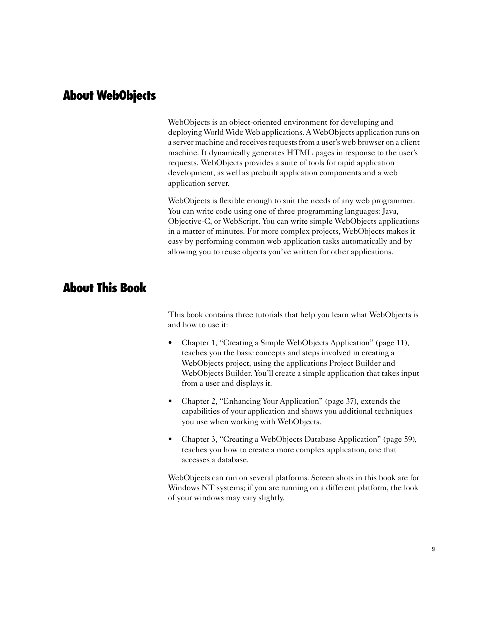 About webobjects, About this book, About webobjects 9 | About this book 9 | Apple WebObjects 3.5 User Manual | Page 9 / 120