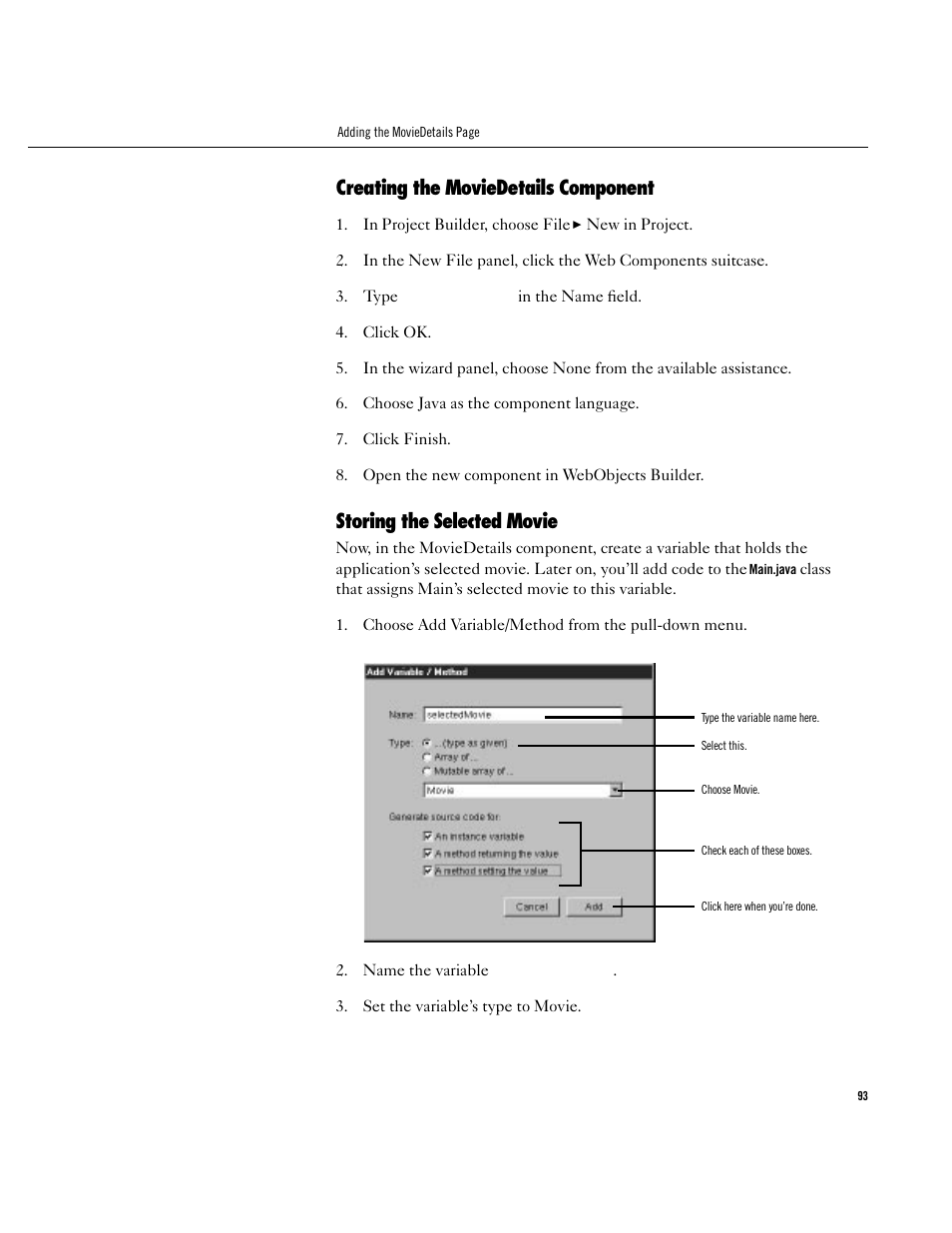Creating the moviedetails component, Storing the selected movie, Creating the moviedetails component 93 | Storing the selected movie 93 | Apple WebObjects 3.5 User Manual | Page 93 / 120
