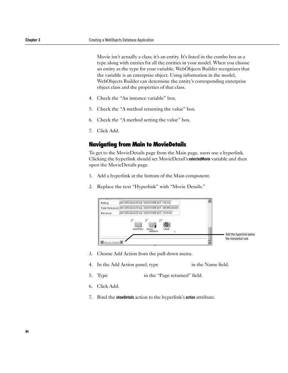 Navigating from main to moviedetails, Navigating from main to moviedetails 94 | Apple WebObjects 3.5 User Manual | Page 94 / 120
