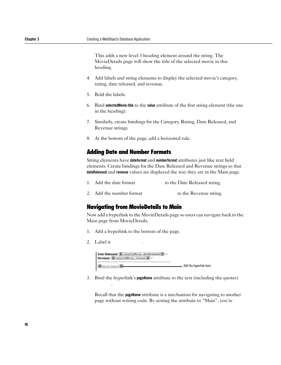 Adding date and number formats, Navigating from moviedetails to main, Adding date and number formats 96 | Navigating from moviedetails to main 96 | Apple WebObjects 3.5 User Manual | Page 96 / 120