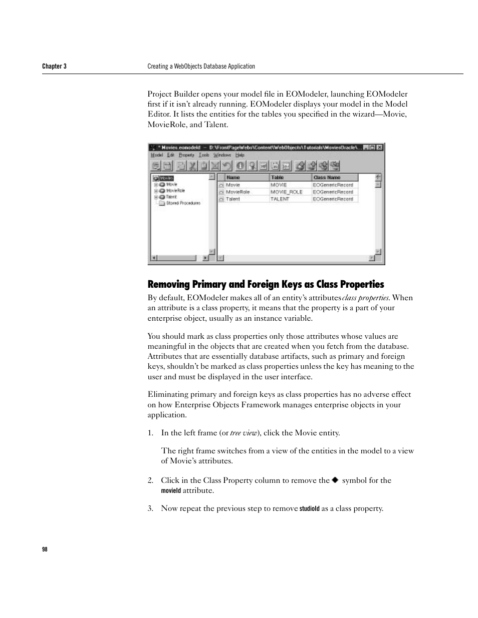 Removing primary and foreign keys as class propert | Apple WebObjects 3.5 User Manual | Page 98 / 120