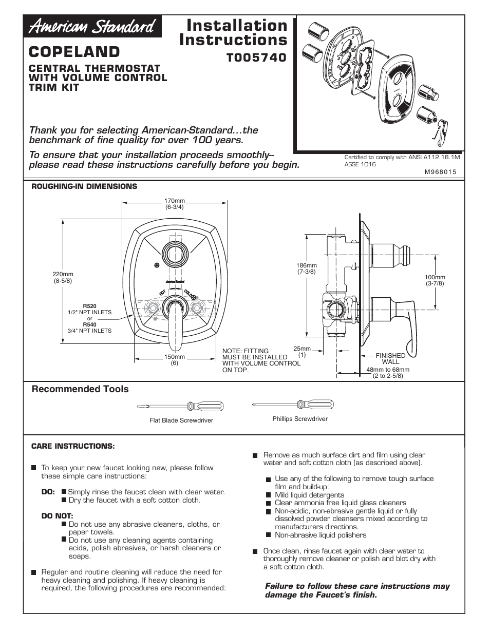 American Standard Copeland T005740 User Manual | 12 pages