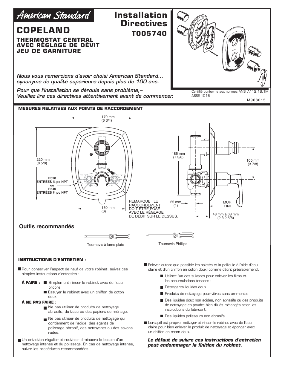 Copeland_t005740-cf, Copeland installation directives, Outils recommandés | American Standard Copeland T005740 User Manual | Page 5 / 12