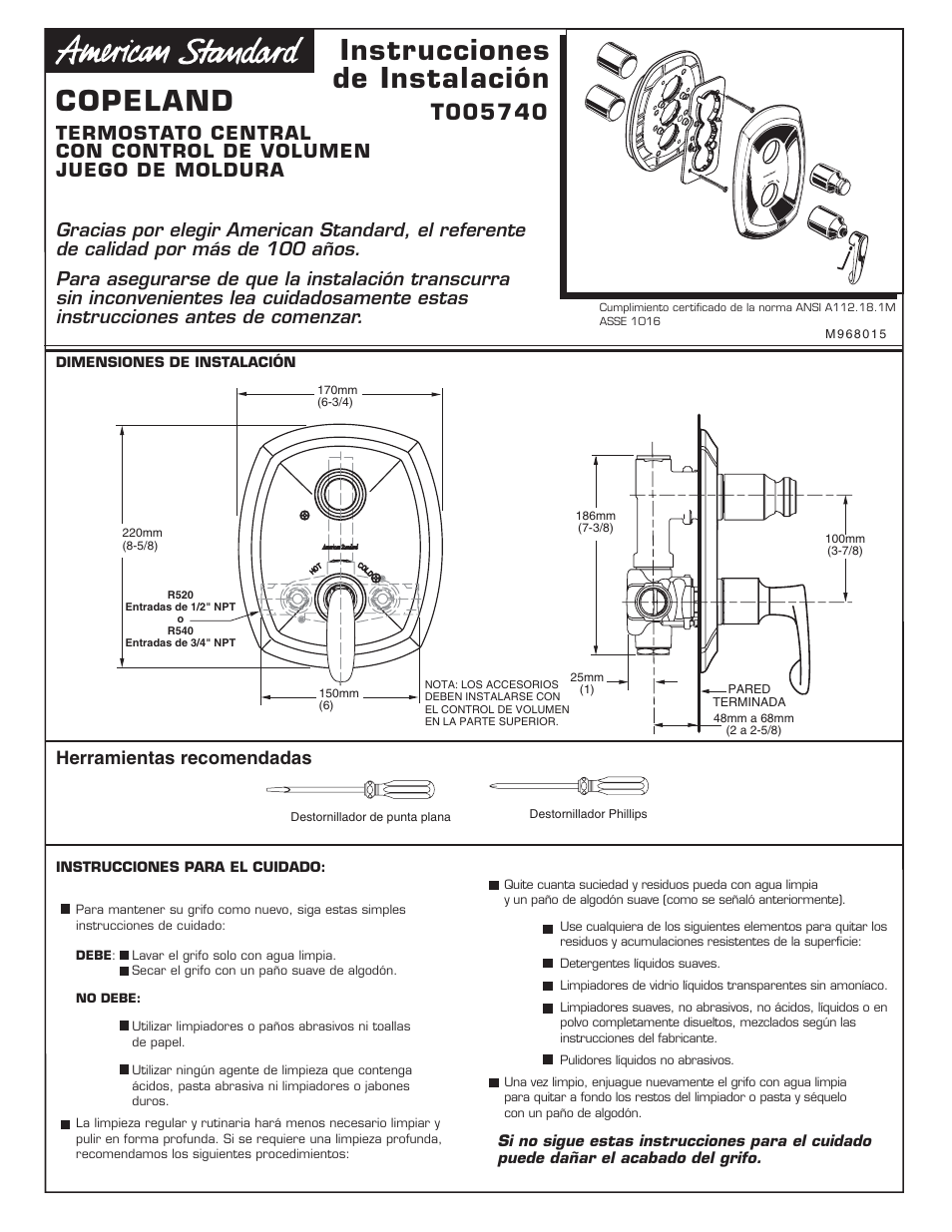 Copeland_t005740-ls, Copeland instrucciones de instalación, Herramientas recomendadas | American Standard Copeland T005740 User Manual | Page 9 / 12