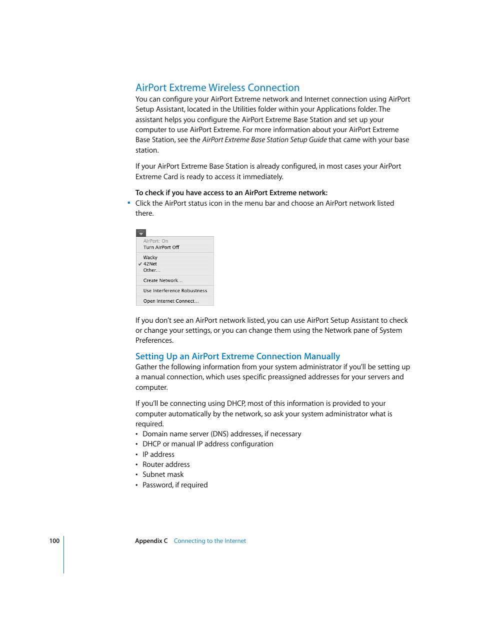 Airport extreme wireless connection, Setting up an airport extreme connection manually | Apple Power Mac G5 (Late 2004) User Manual | Page 100 / 112