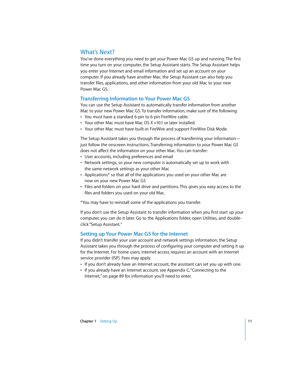 What’s next, Transferring information to your power mac g5, Setting up your power mac g5 for the internet | Apple Power Mac G5 (Late 2004) User Manual | Page 11 / 112