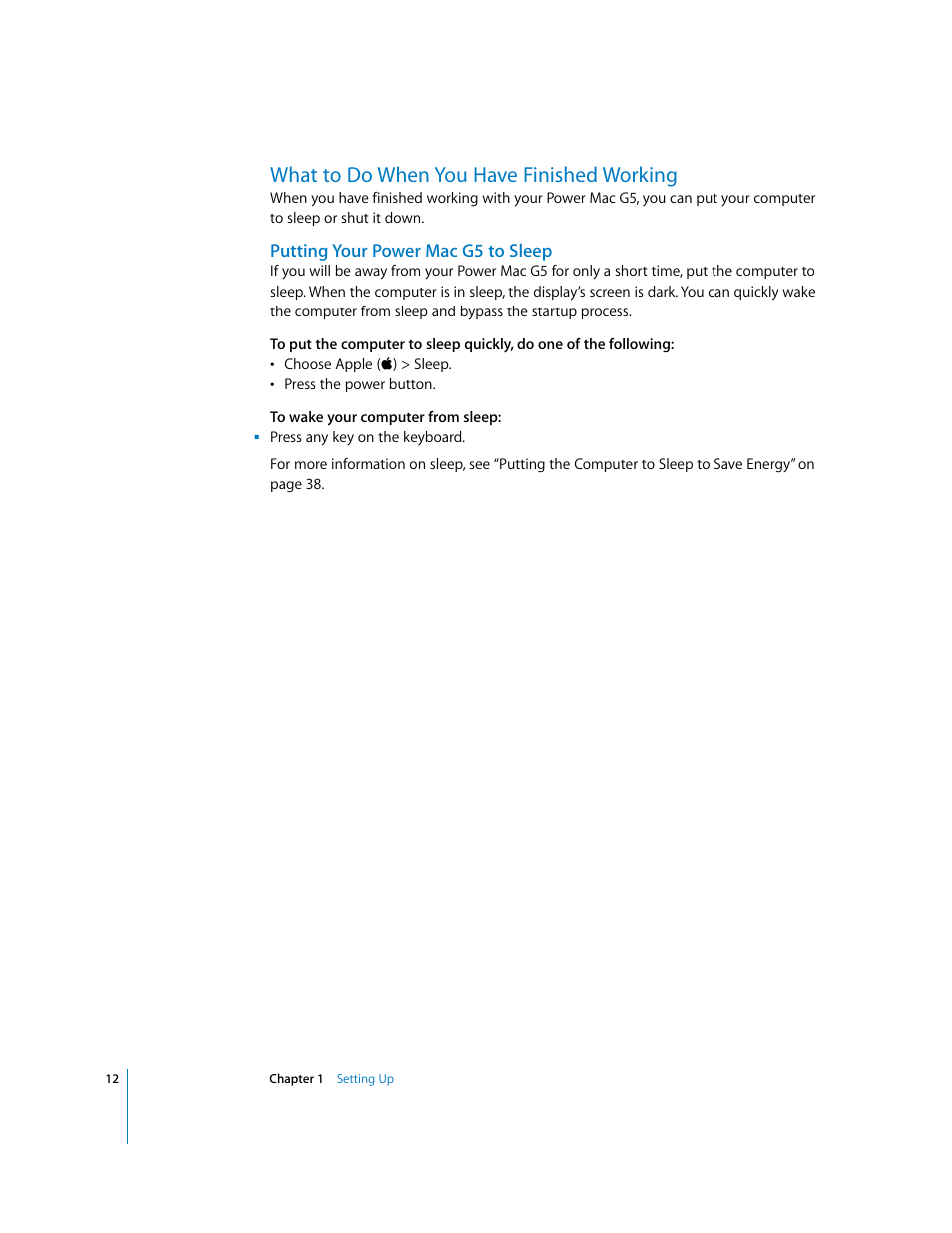 What to do when you have finished working, Putting your powermacg5 to sleep | Apple Power Mac G5 (Late 2004) User Manual | Page 12 / 112