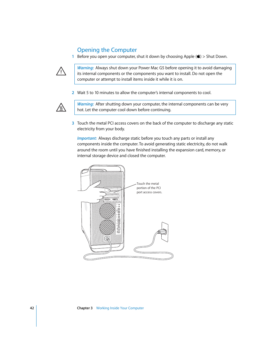 Opening the computer | Apple Power Mac G5 (Late 2004) User Manual | Page 42 / 112