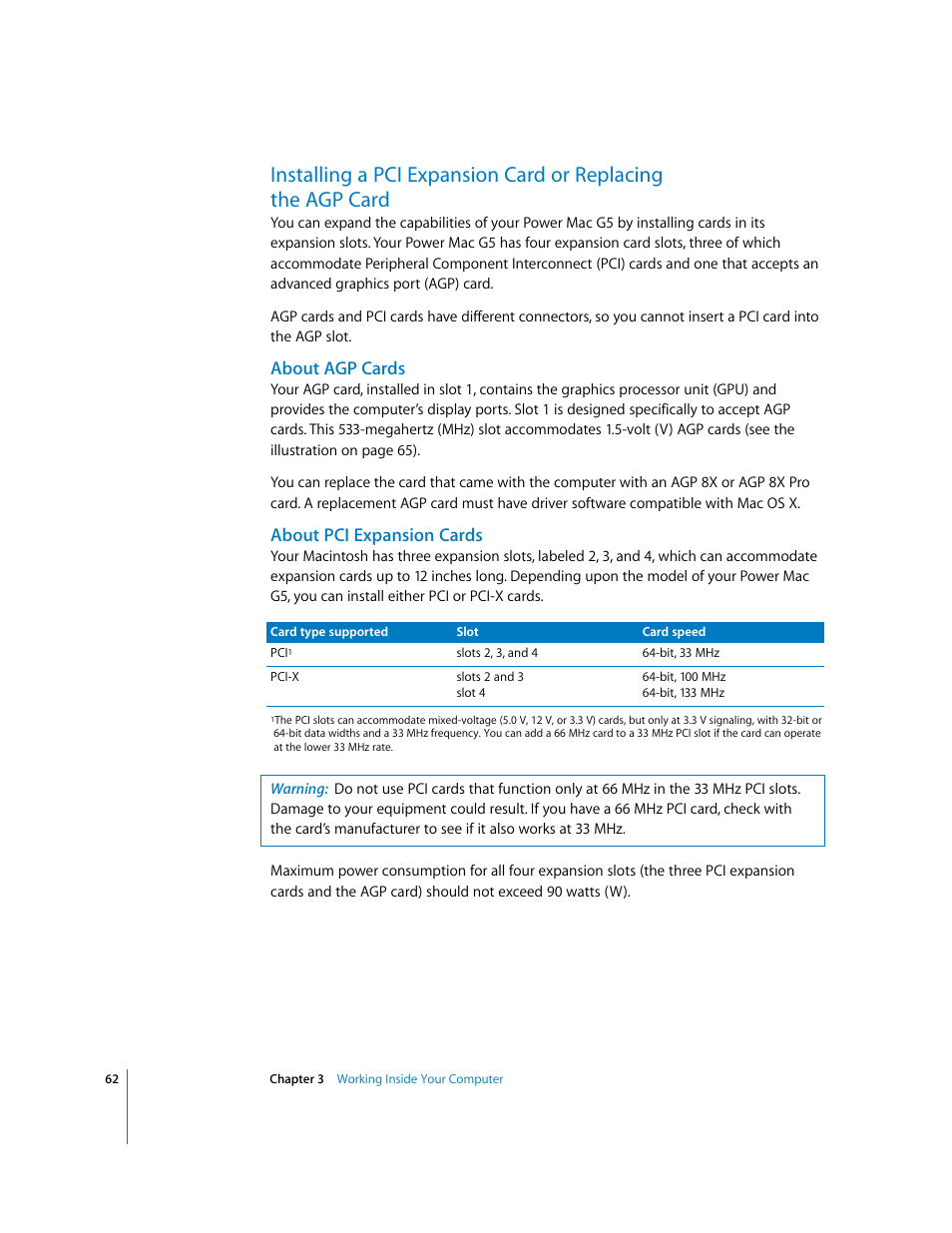 About agp cards, About pci expansion cards | Apple Power Mac G5 (Late 2004) User Manual | Page 62 / 112