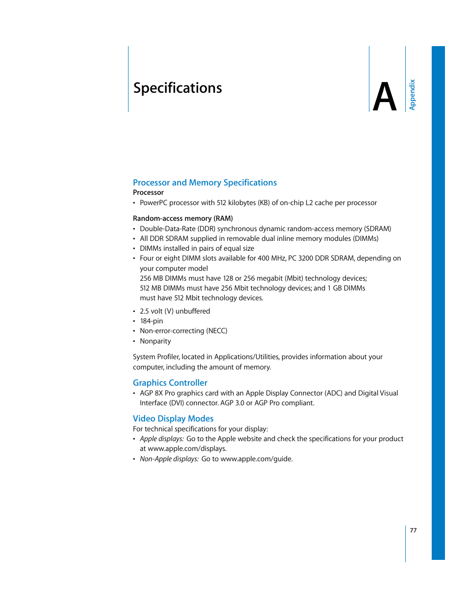 Specifications, Processor and memory specifications, Graphics controller | Video display modes, Appendix | Apple Power Mac G5 (Late 2004) User Manual | Page 77 / 112