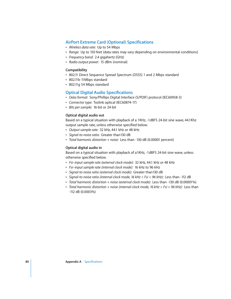 Airport extreme card (optional) specifications, Optical digital audio specifications | Apple Power Mac G5 (Late 2004) User Manual | Page 80 / 112