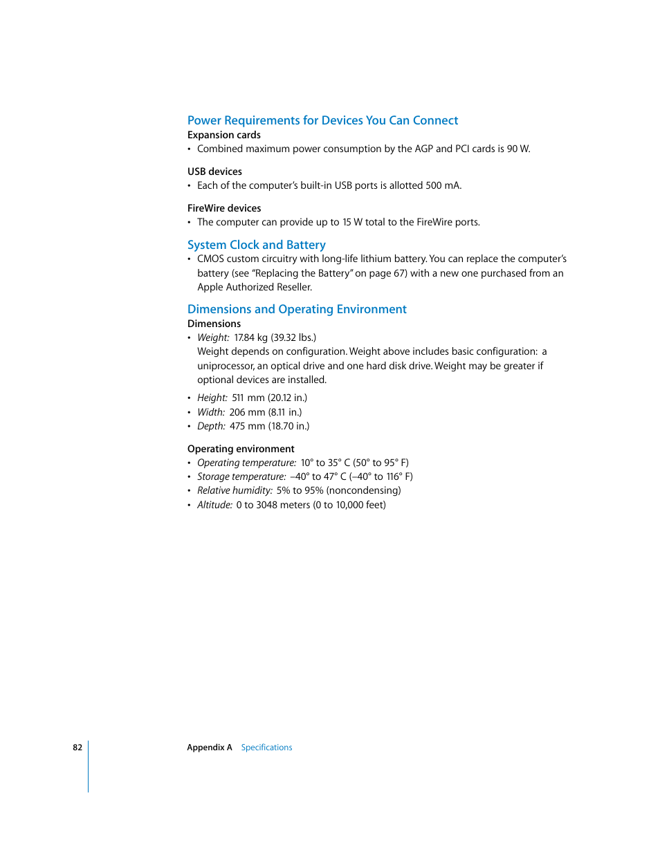 Power requirements for devices you can connect, System clock and battery, Dimensions and operating environment | Apple Power Mac G5 (Late 2004) User Manual | Page 82 / 112