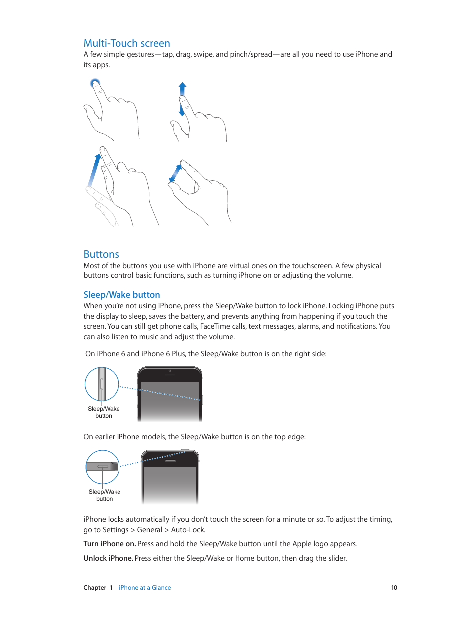 Multi-touch screen, Buttons, Sleep/wake button | Apple iPhone iOS 8.1 User Manual | Page 10 / 184