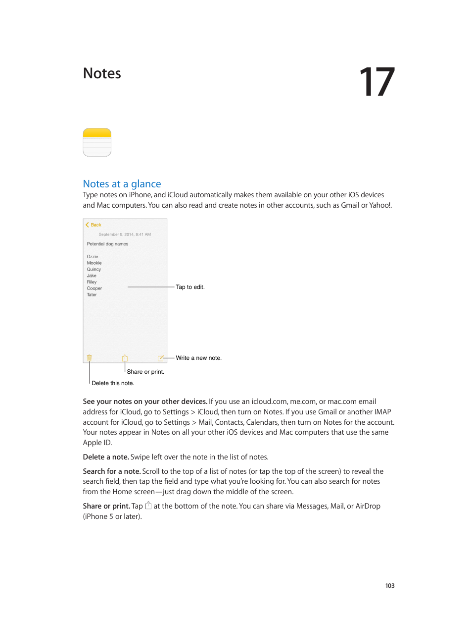 Chapter 17: notes, Notes at a glance, 103 notes at a glance | Apple iPhone iOS 8.1 User Manual | Page 103 / 184