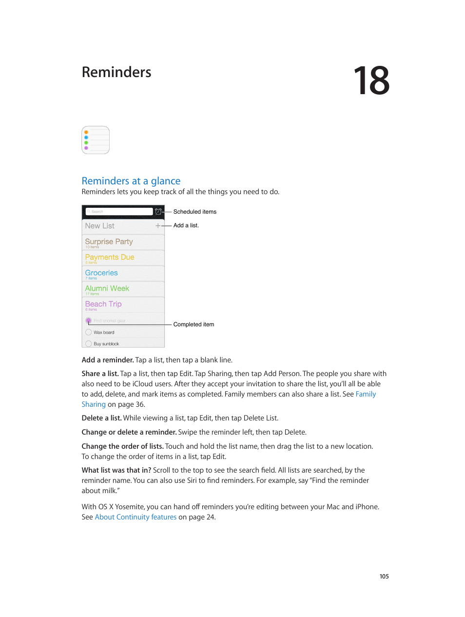 Chapter 18: reminders, Reminders at a glance, 105 reminders at a glance | Reminders at a, Glance, Reminders | Apple iPhone iOS 8.1 User Manual | Page 105 / 184