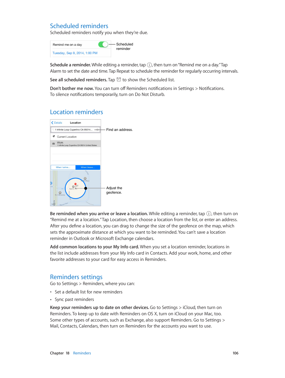 Scheduled reminders, Location reminders, Reminders settings | Apple iPhone iOS 8.1 User Manual | Page 106 / 184