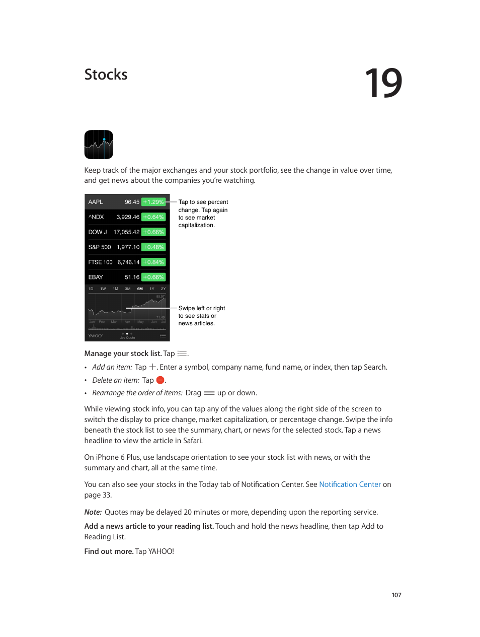 Chapter 19: stocks, Stocks | Apple iPhone iOS 8.1 User Manual | Page 107 / 184