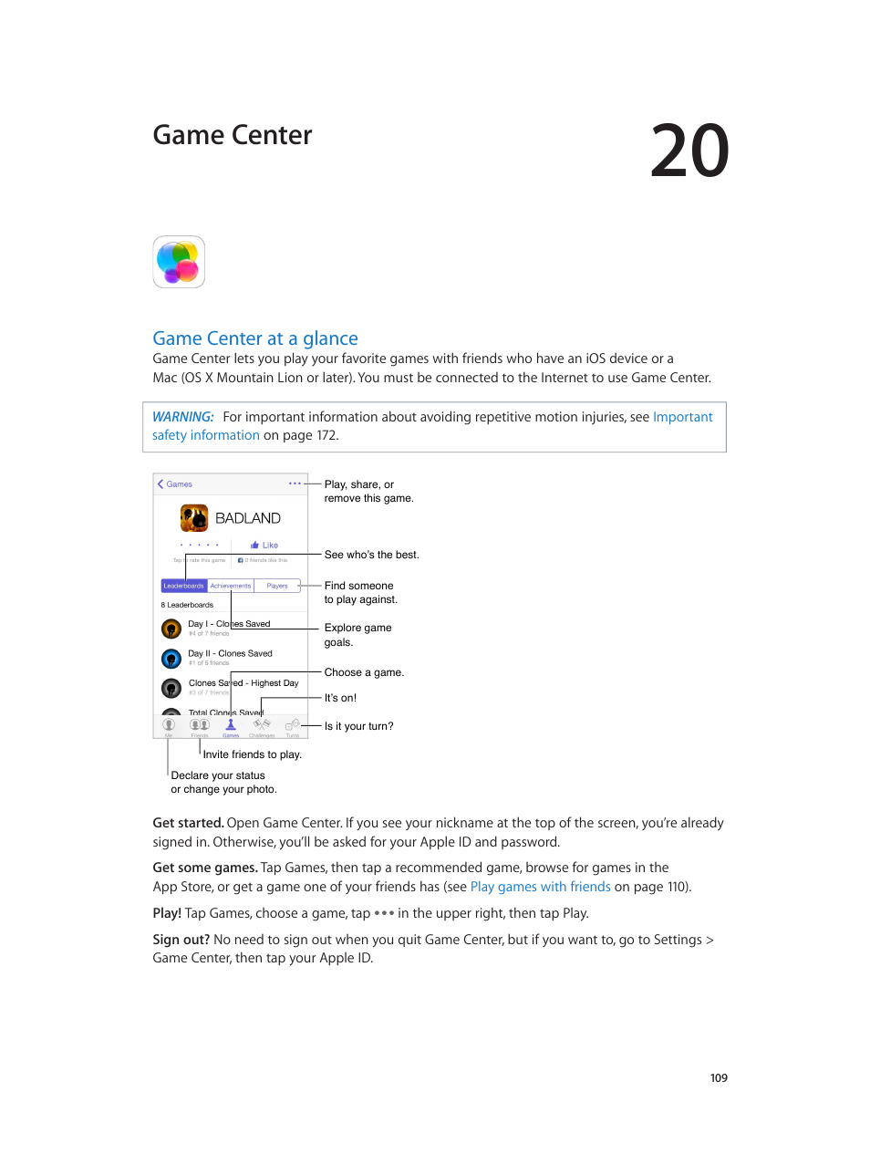 Chapter 20: game center, Game center at a glance, 109 game center at a glance | Game center | Apple iPhone iOS 8.1 User Manual | Page 109 / 184