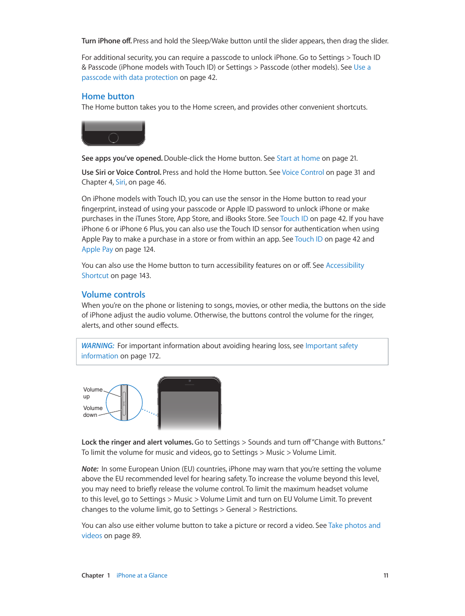 Home button, Volume controls | Apple iPhone iOS 8.1 User Manual | Page 11 / 184