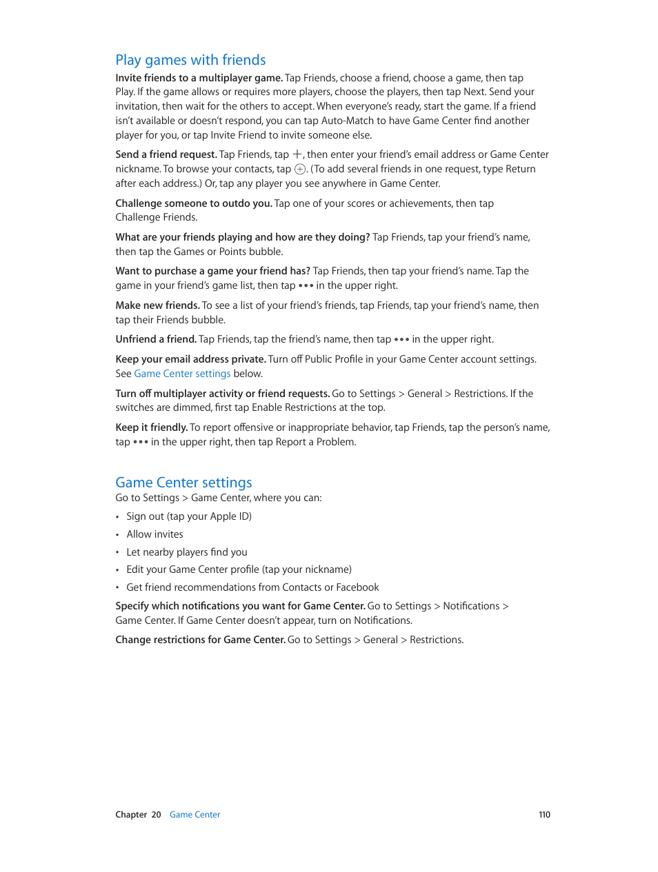 Play games with friends, Game center settings | Apple iPhone iOS 8.1 User Manual | Page 110 / 184