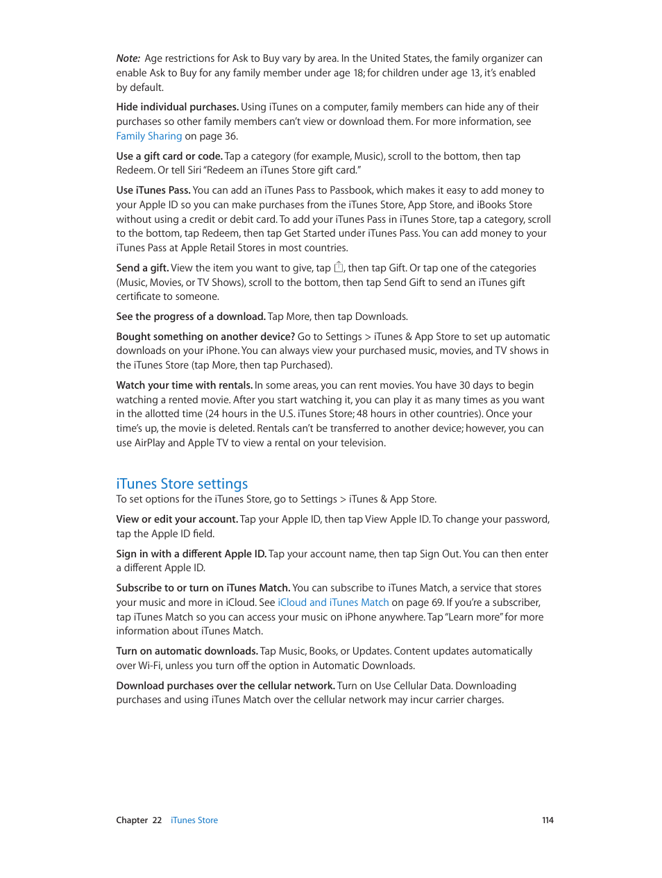 Itunes store settings, 114 itunes store settings | Apple iPhone iOS 8.1 User Manual | Page 114 / 184