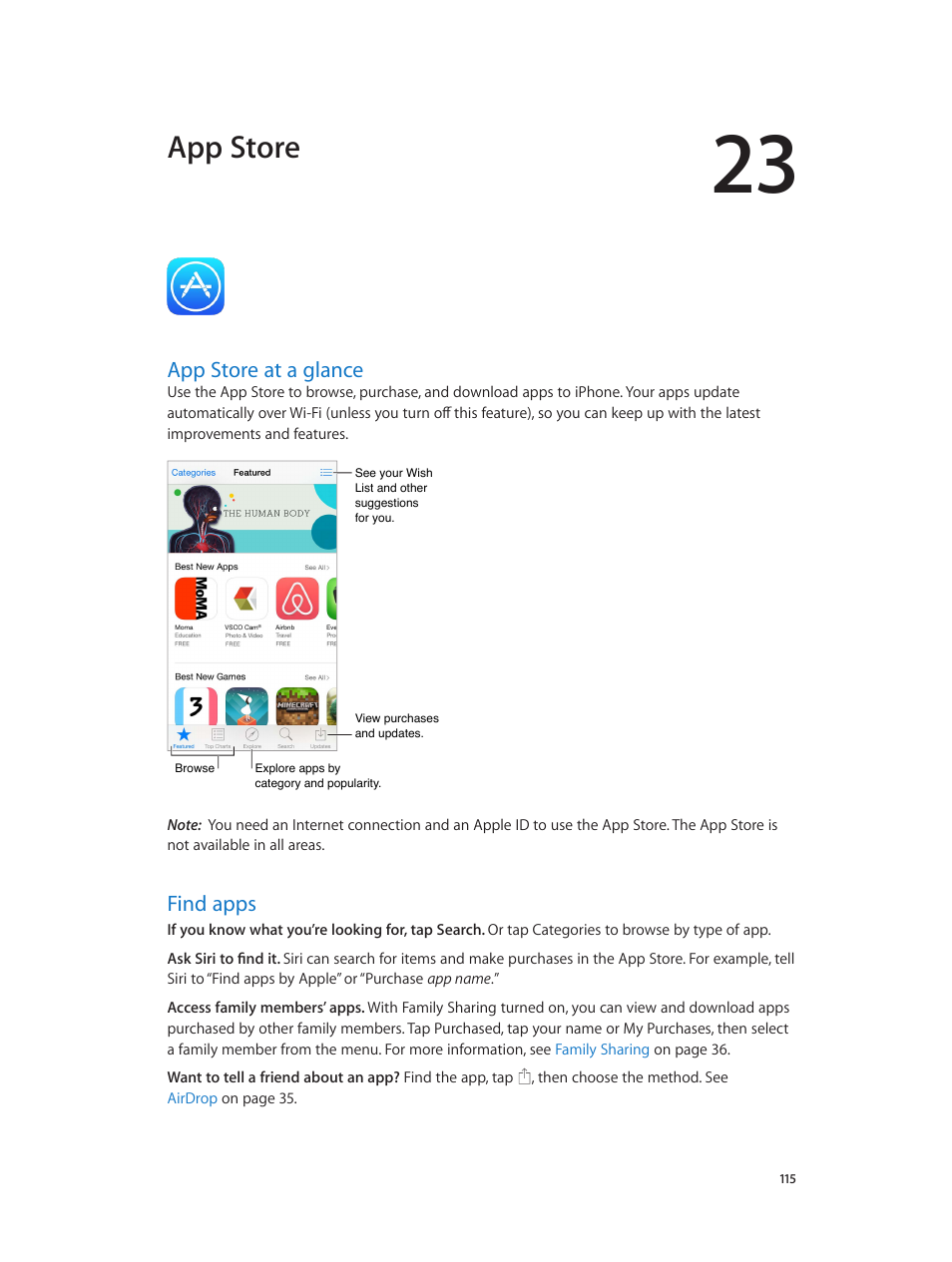 Chapter 23: app store, App store at a glance, Find apps | 115 app store at a glance 115 find apps, App store | Apple iPhone iOS 8.1 User Manual | Page 115 / 184