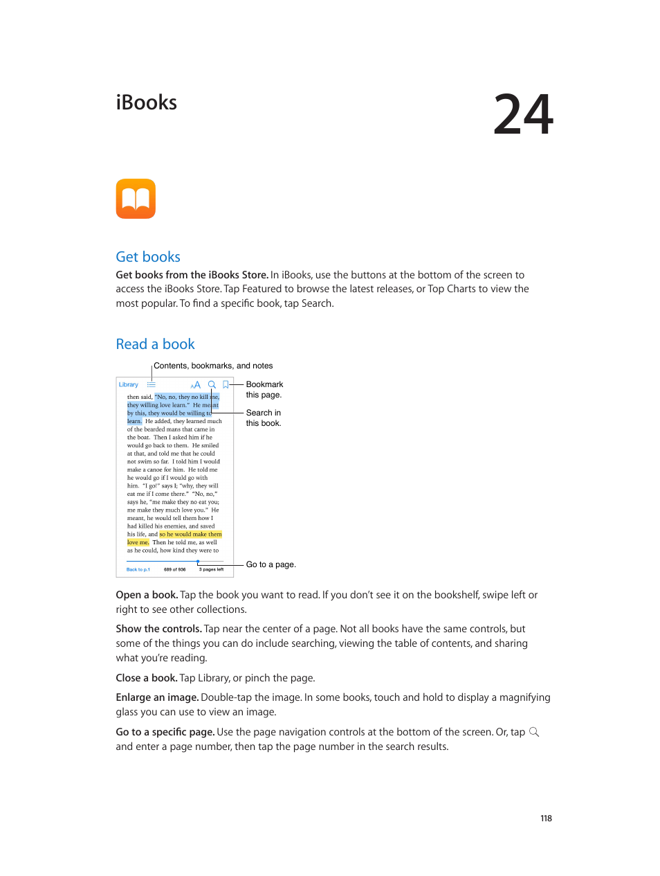 Chapter 24: ibooks, Get books, Read a book | 118 get books 118 read a book, Ibooks | Apple iPhone iOS 8.1 User Manual | Page 118 / 184