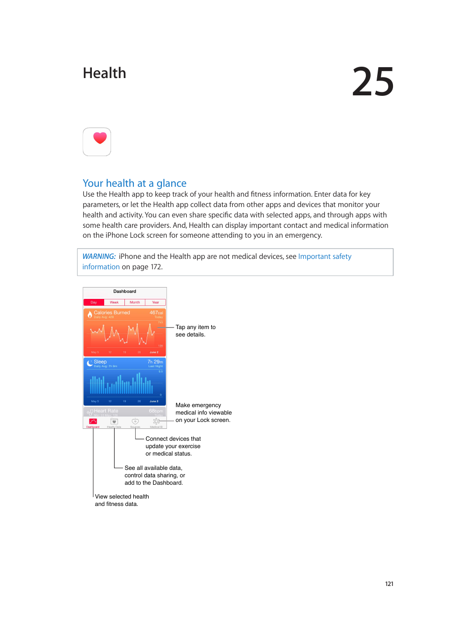 Chapter 25: health, Your health at a glance, 121 your health at a glance | Health | Apple iPhone iOS 8.1 User Manual | Page 121 / 184