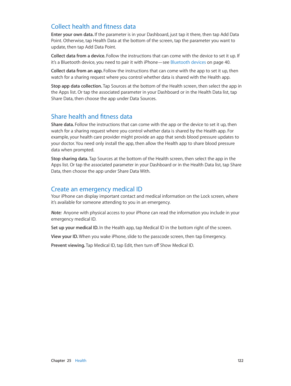 Collect health and fitness data, Share health and fitness data, Create an emergency medical id | 122 122 122 create an emergency medical id | Apple iPhone iOS 8.1 User Manual | Page 122 / 184