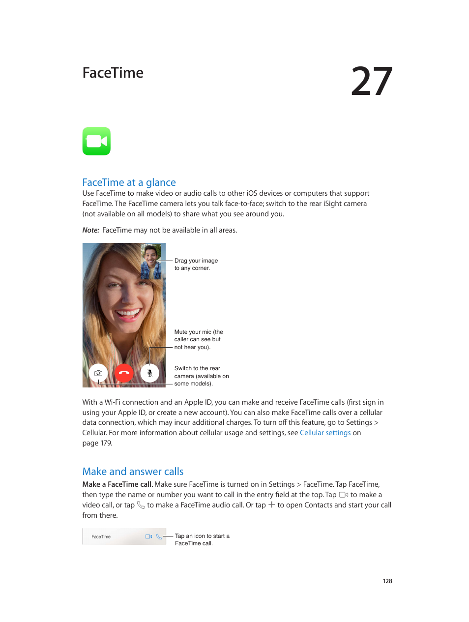 Chapter 27: facetime, Facetime at a glance, Make and answer calls | 128 facetime at a glance 128 make and answer calls, Facetime | Apple iPhone iOS 8.1 User Manual | Page 128 / 184