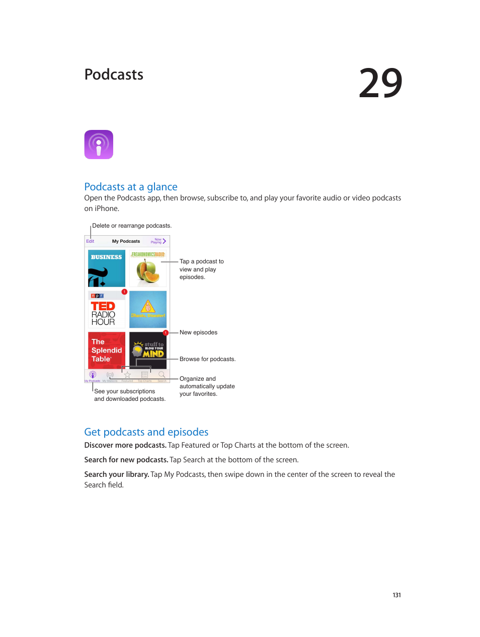 Chapter 29: podcasts, Podcasts at a glance, Get podcasts and episodes | Dcasts app—see, Podcasts | Apple iPhone iOS 8.1 User Manual | Page 131 / 184