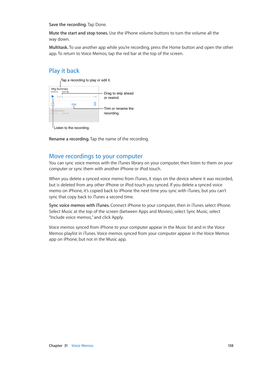 Play it back, Move recordings to your computer | Apple iPhone iOS 8.1 User Manual | Page 138 / 184