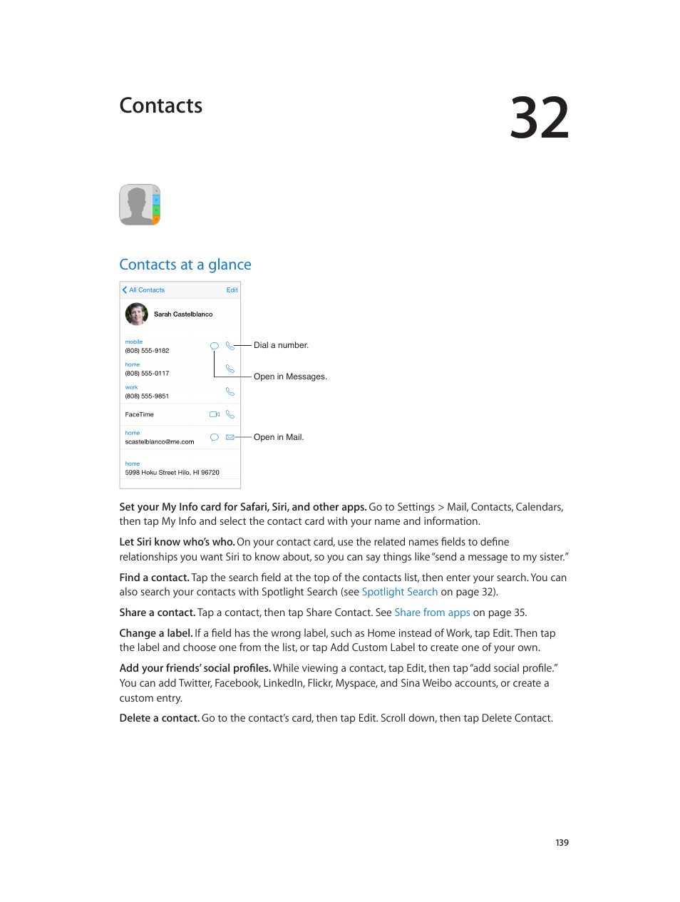 Chapter 32: contacts, Contacts at a glance, 139 contacts at a glance | Contacts | Apple iPhone iOS 8.1 User Manual | Page 139 / 184