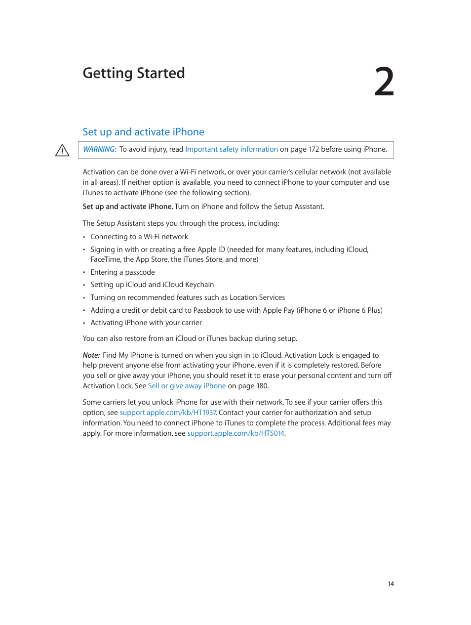 Chapter 2: getting started, Set up and activate iphone, Getting started | Apple iPhone iOS 8.1 User Manual | Page 14 / 184