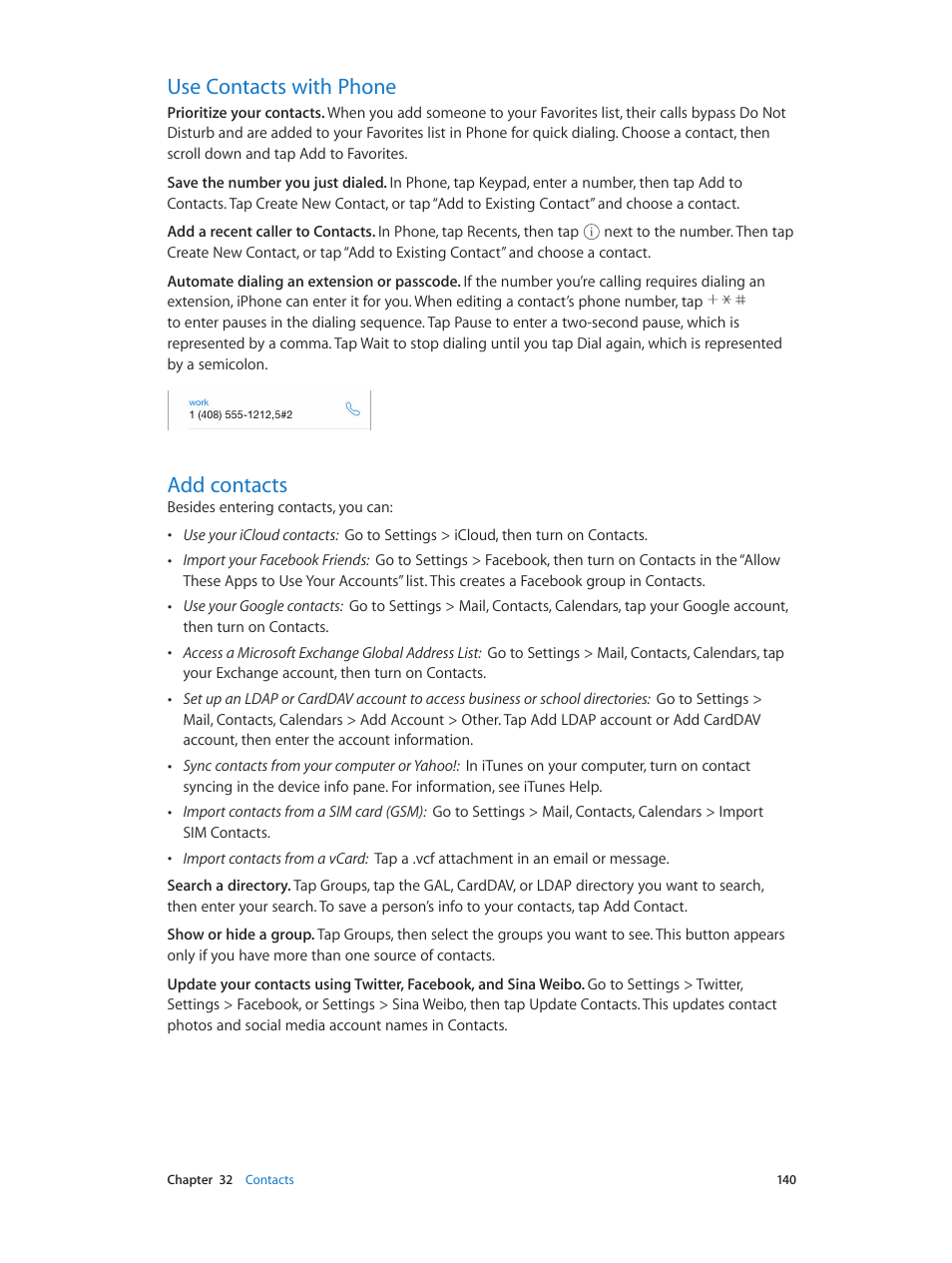 Use contacts with phone, Add contacts, 140 use contacts with phone 140 add contacts | Apple iPhone iOS 8.1 User Manual | Page 140 / 184