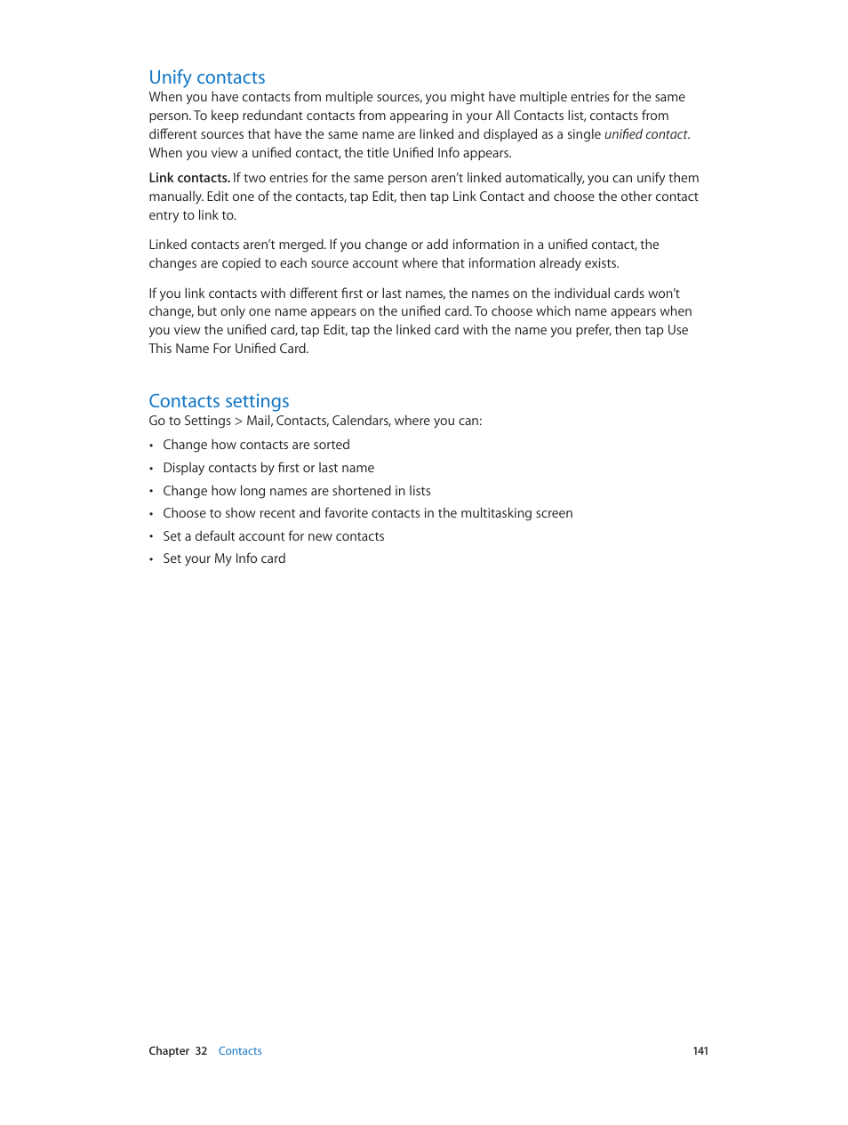 Unify contacts, Contacts settings, 141 unify contacts 141 contacts settings | Apple iPhone iOS 8.1 User Manual | Page 141 / 184