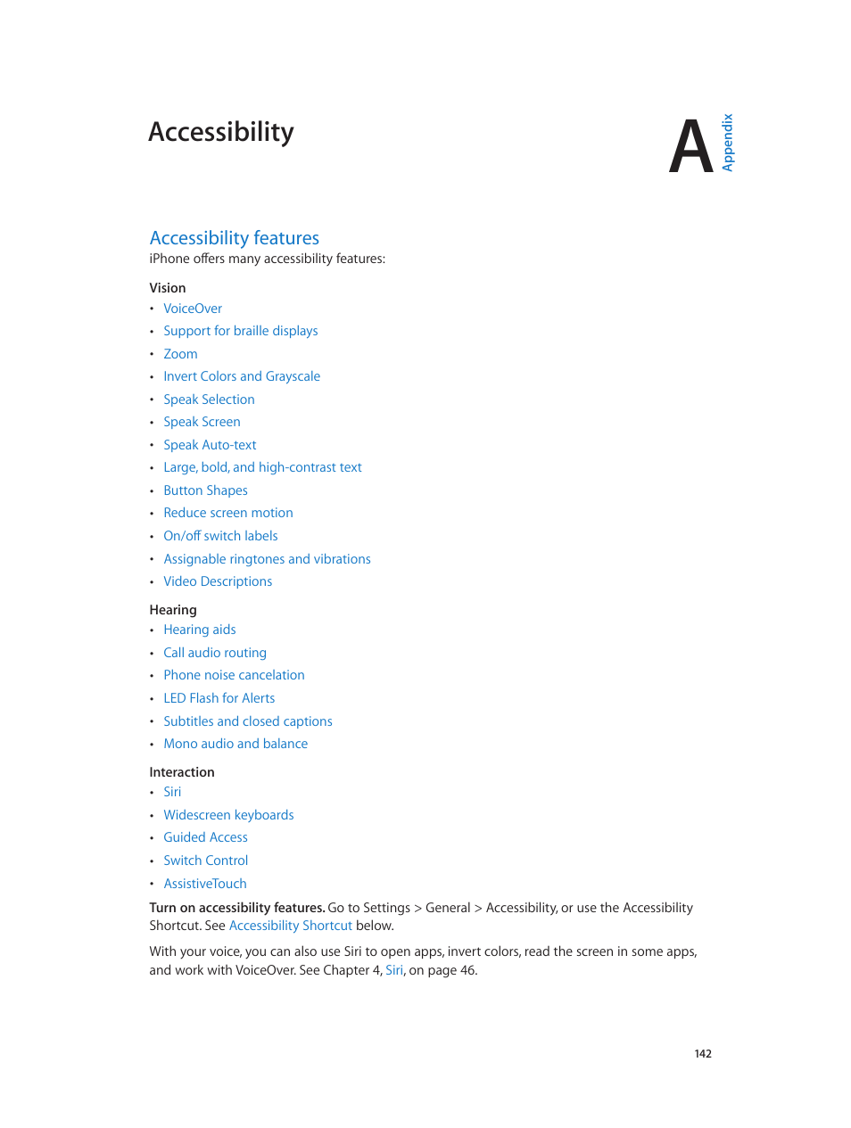 Appendix a: accessibility, Accessibility features, 142 accessibility features | Accessibility | Apple iPhone iOS 8.1 User Manual | Page 142 / 184