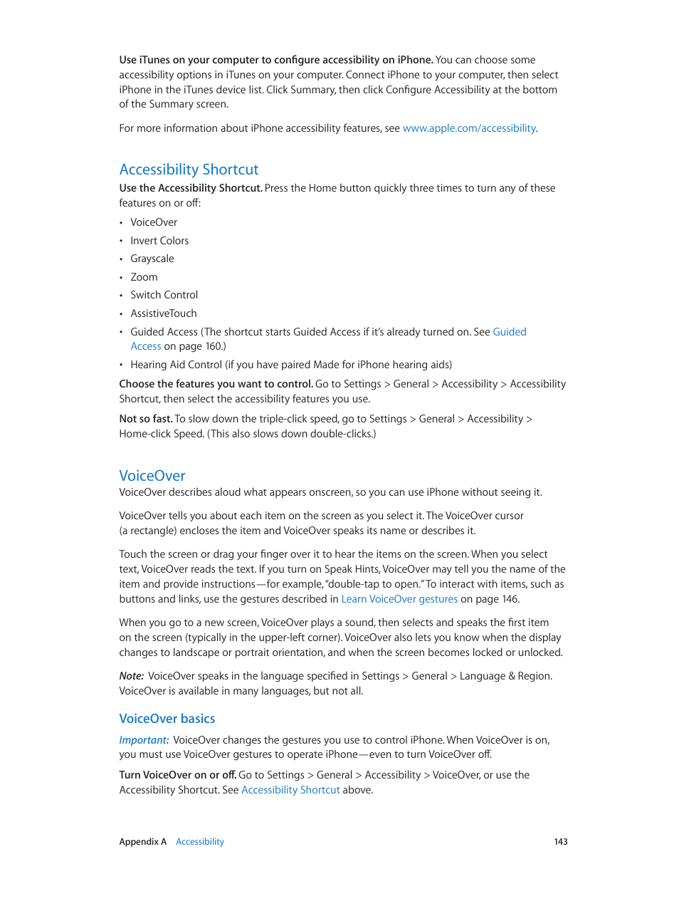 Accessibility shortcut, Voiceover, 143 accessibility shortcut 143 voiceover | Accessibility, Shortcut, Voiceover basics | Apple iPhone iOS 8.1 User Manual | Page 143 / 184