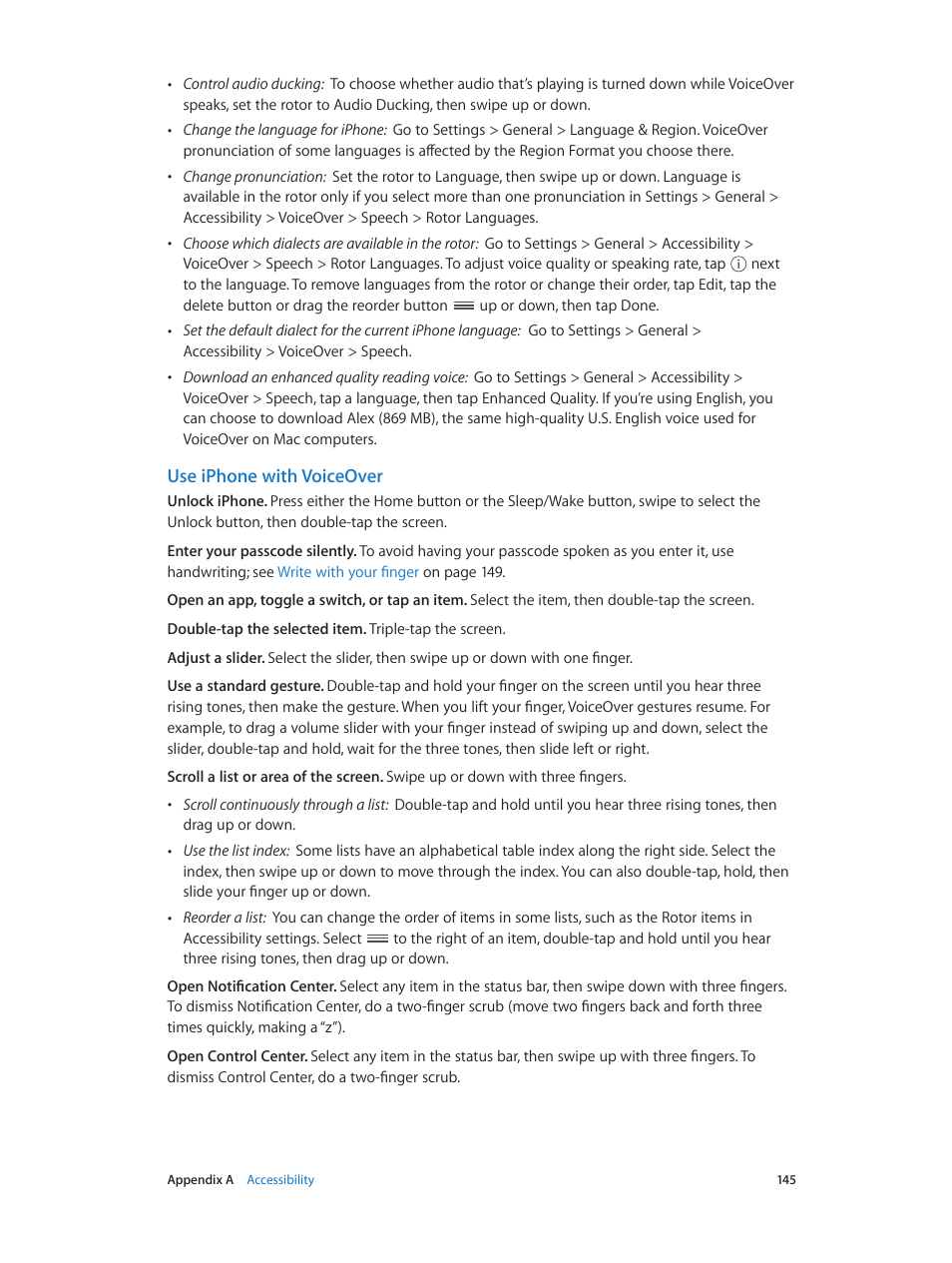 Use iphone with voiceover | Apple iPhone iOS 8.1 User Manual | Page 145 / 184